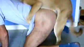 Tall canine thrusts his extended cock into the farmer's butt
